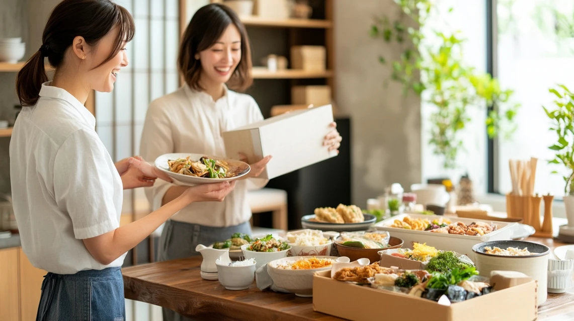 日本の家庭で家族が集まりクーポン番号や裏ワザを共有している雰囲気。