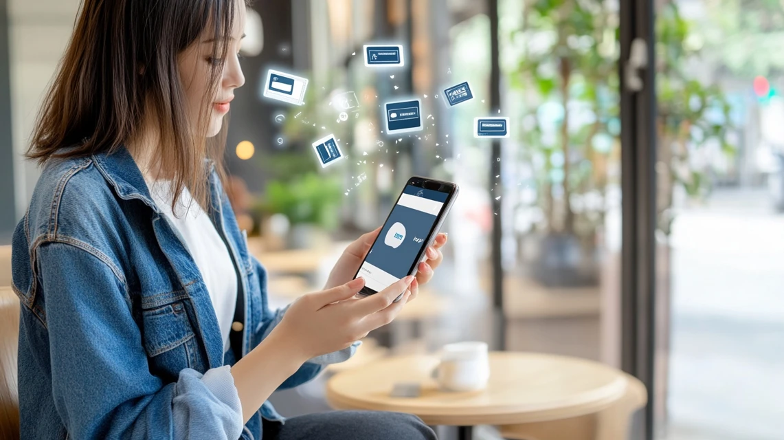 日本人女性がスマートフォンでSNSを見ながらクーポンを探しているイメージ
