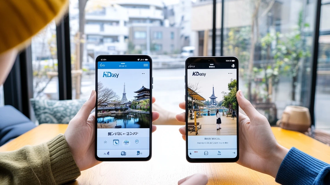 2つの旅行アプリを並べて比較している日本人旅行者