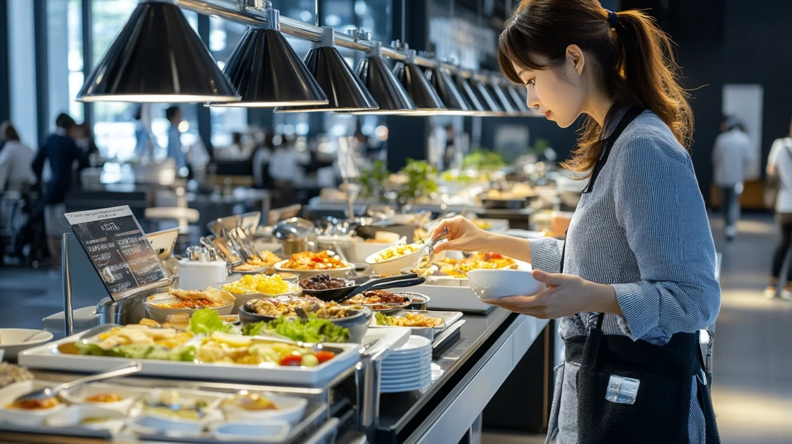 初めてホテルバイキングを利用する日本人が料理を選んでいる様子