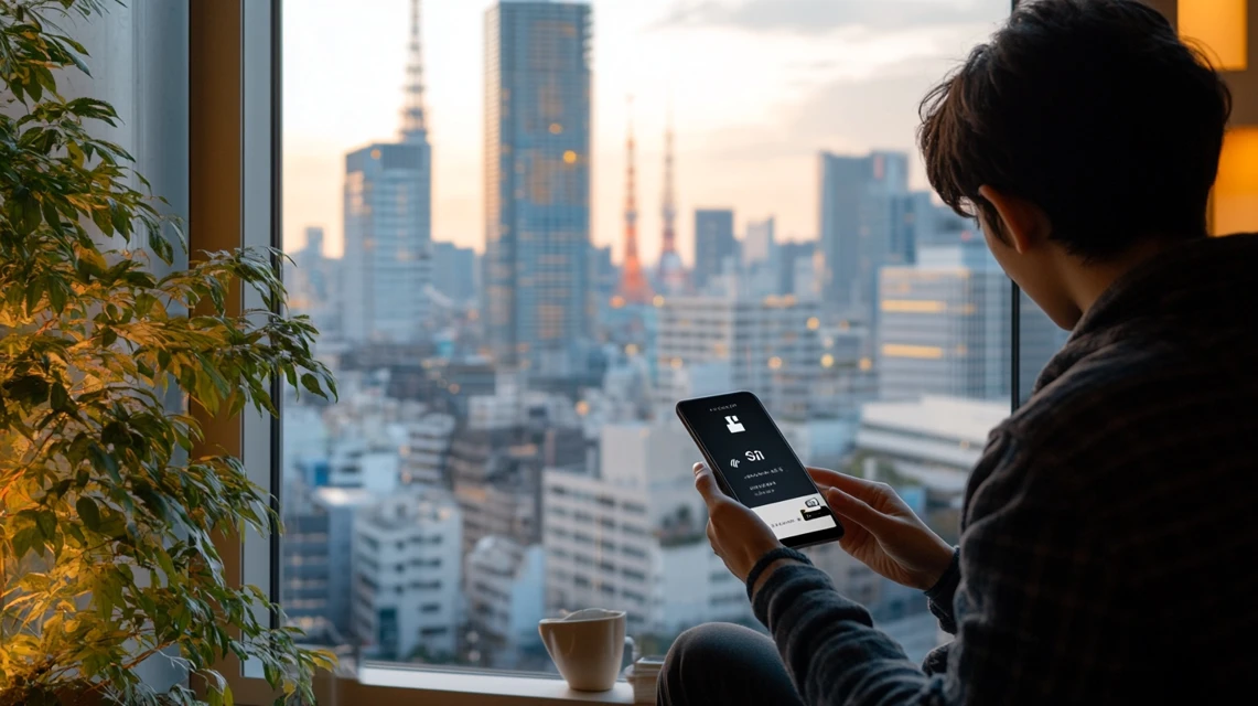 日本の室内でeSIMの設定を行う日本人のスマートフォン利用シーン