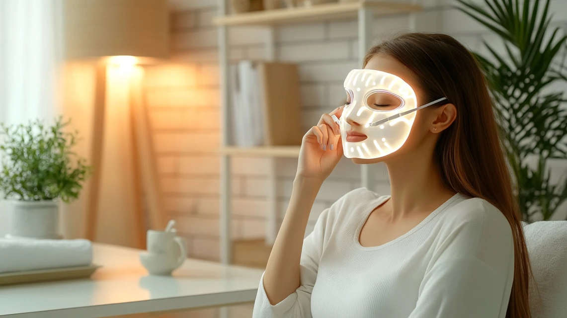 LEDマスクをする日本人女性。クーポンを併用してセール時にお得に購入する様子。