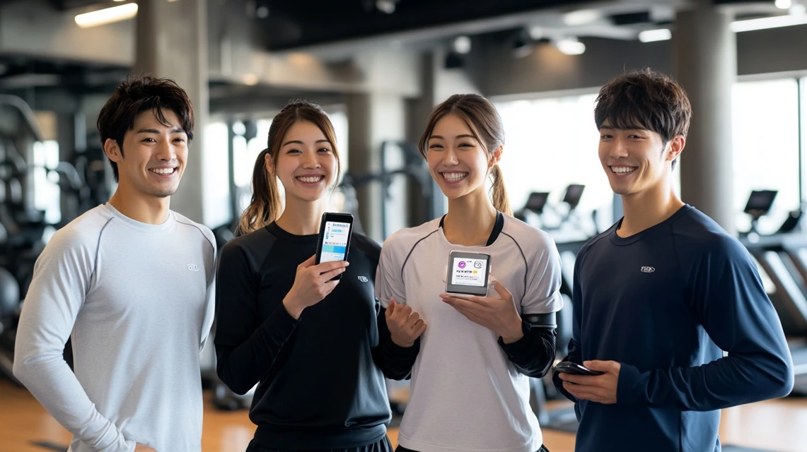 日本人の友人グループがジムで運動後に笑顔でスマートフォンを確認している様子