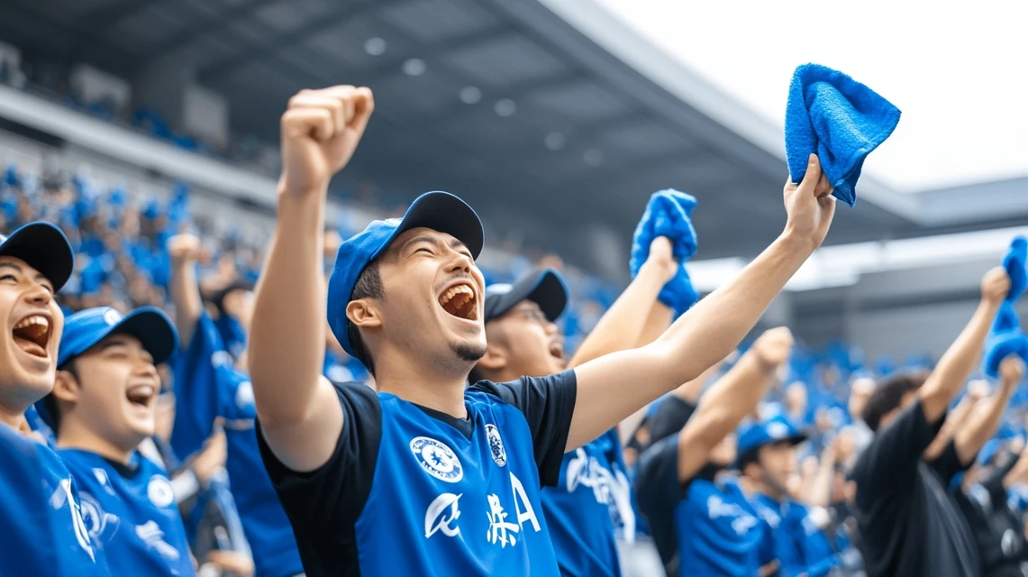 青色の服を着た日本人サポーターがスタジアムでタオルを振って応援している場面