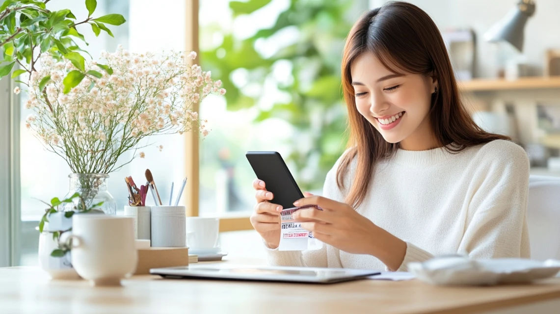 スマートフォンでクーポンを適用して笑顔を見せる日本人女性