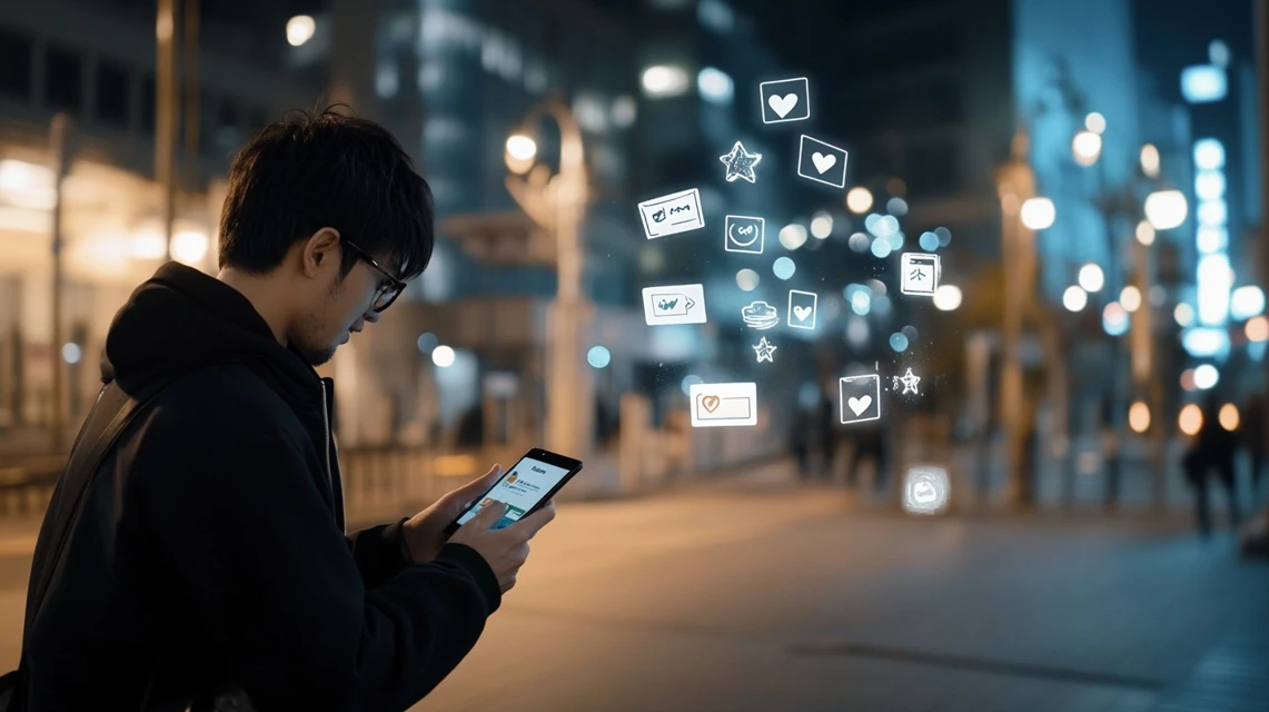日本人男性が夜の街でスマートフォンを操作し、クーポン情報を見ている場面