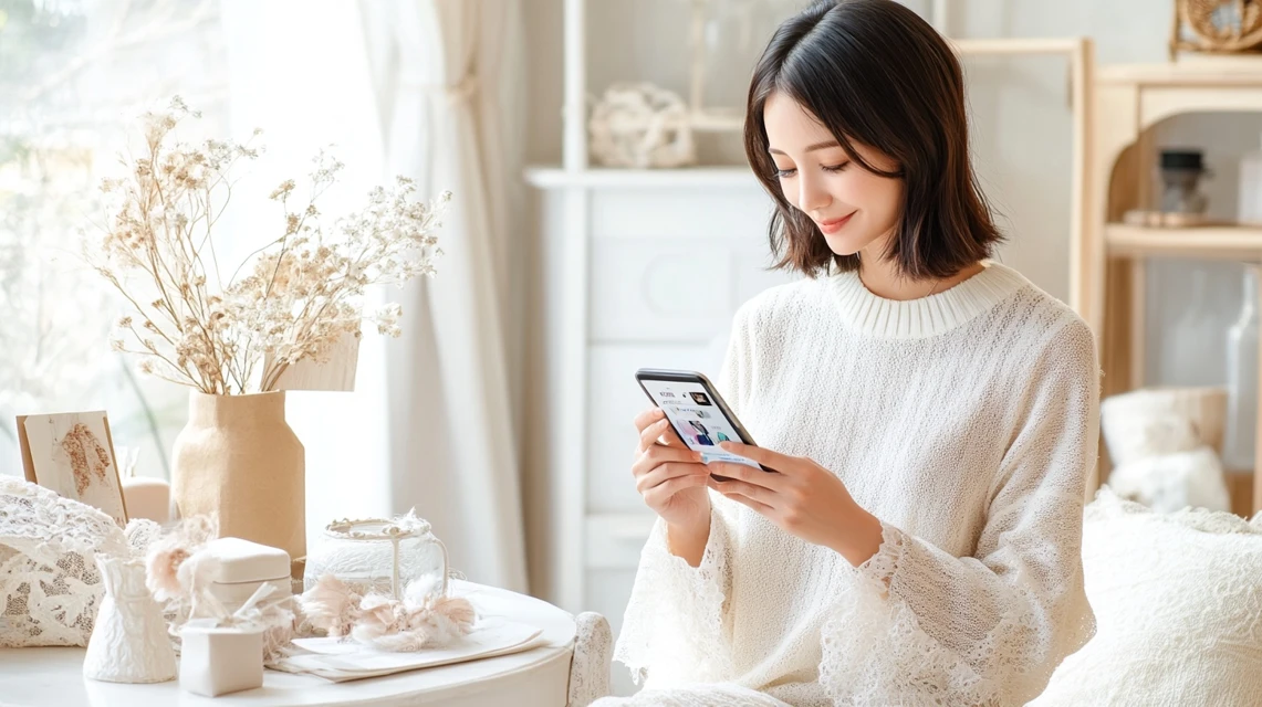 スマートフォンで会員登録を行う日本人女性と、クラシックでやわらかい背景