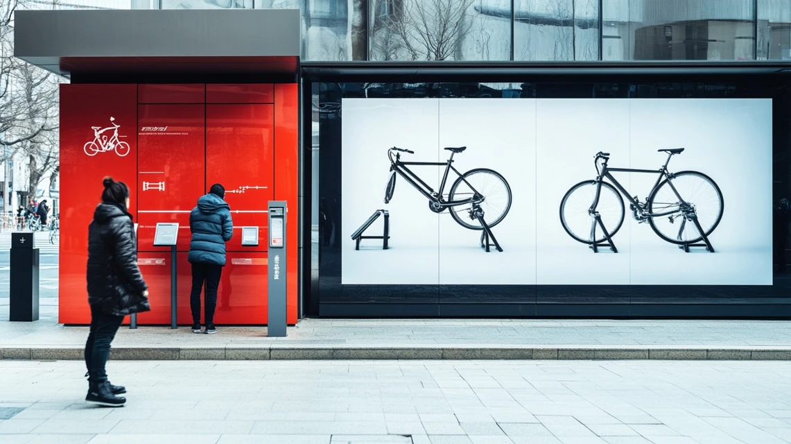ハローサイクリングの自転車ステーションを見て、サービスが続いているか確認する日本人