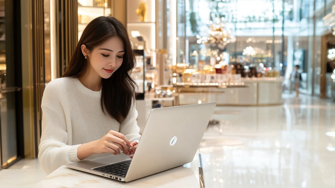 商品価格を比較しながら考え込む日本人ショッピング利用者のイメージ