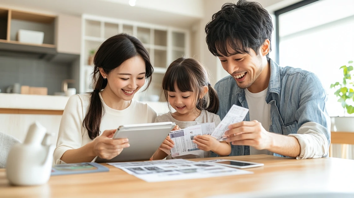 家でタブレットを使い家族と一緒にクーポンを確認する日本人