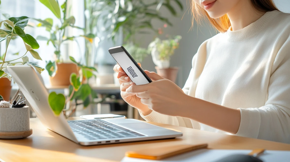 机に座った日本人女性がスマートフォンにコードを入力している場面