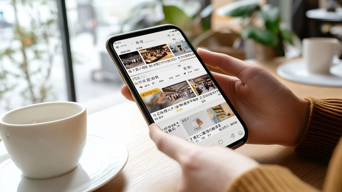 スマートフォンの画面でSNSのレビューを見ている日本人