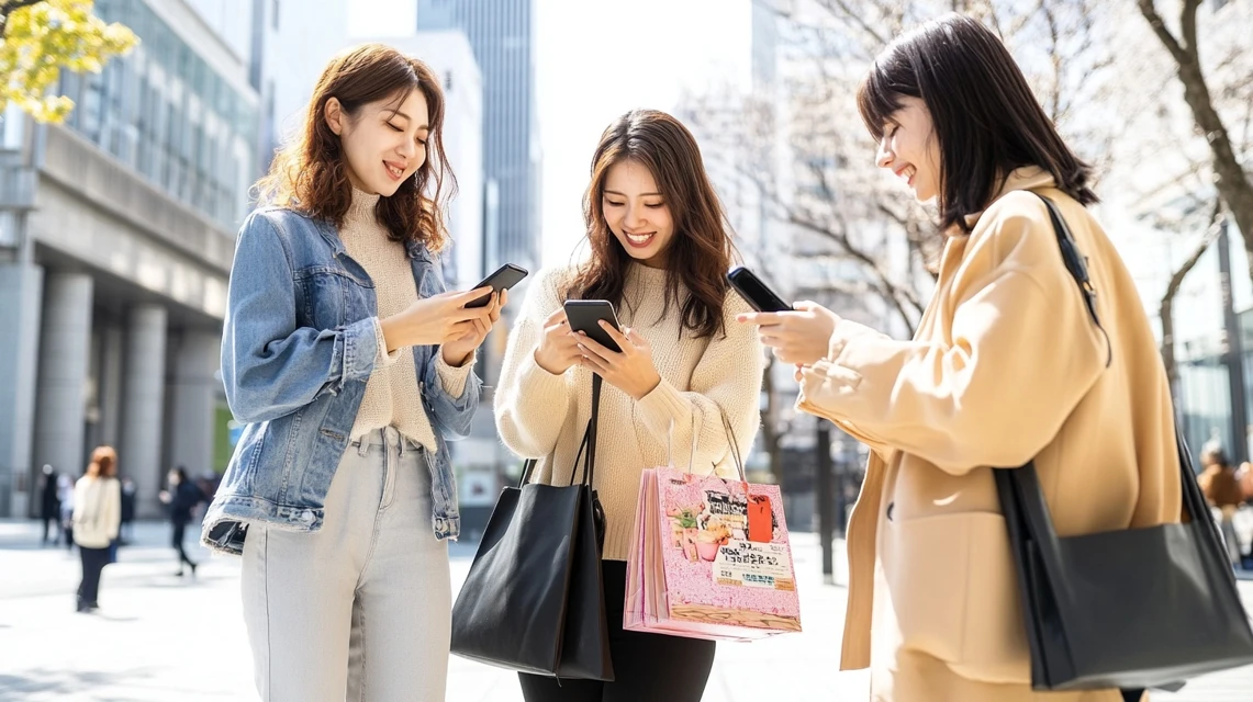 日本人の友人グループがスマートフォンを見ながら話している様子