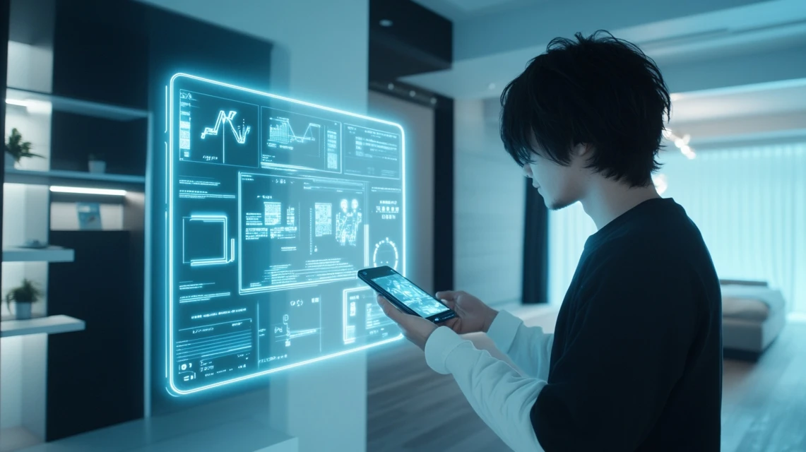 スマホの画面を見ながら手順を確認している日本人男性