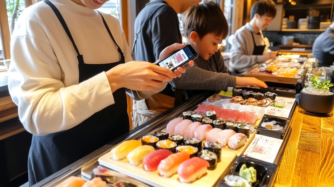 回転寿司店に入店前、スマートフォンでクーポンを確認する日本人家族の様子