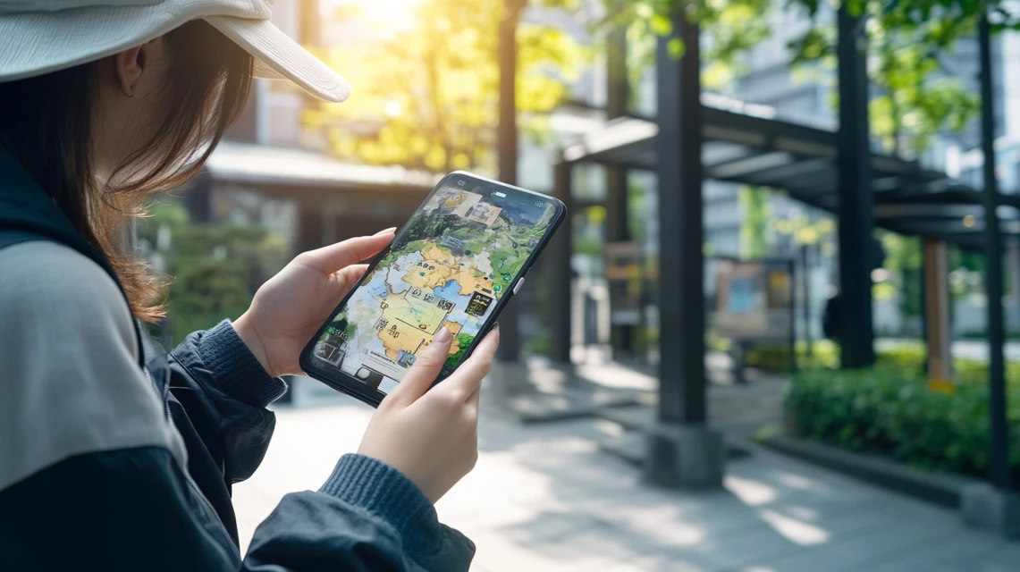 スマホを見ながら最新のプロモーションコード情報をチェックする日本人の様子