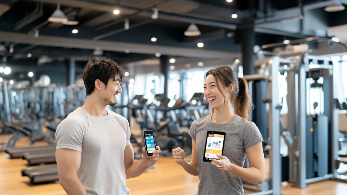 日本人カップルがジムで運動しながらクーポンを活用しているイメージ