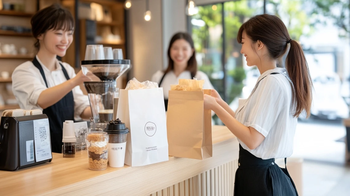 コナズコーヒーでテイクアウト注文にクーポンを利用している日本人女性