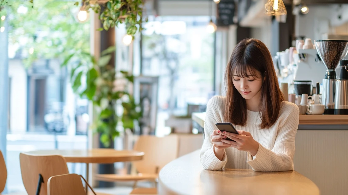 日本人女性がカフェでスマートフォンを見ながら待っている様子