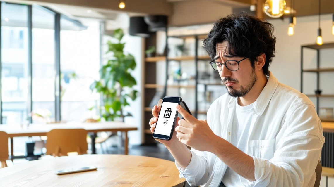スマートフォンを持ちながらエラー表示に戸惑う日本人男性