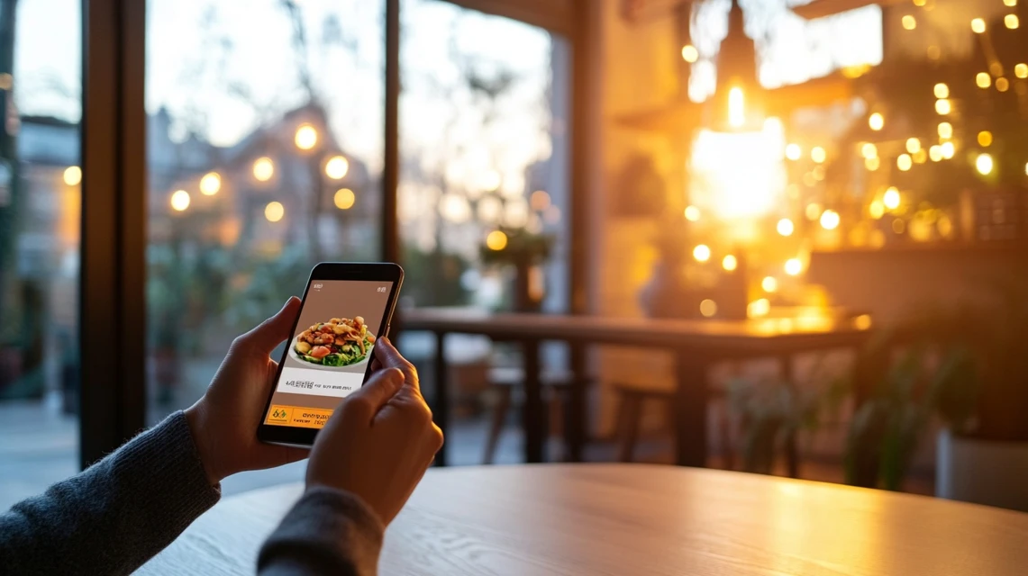 スマホで割引クーポンを使いながら料理を注文している日本人のイメージ
