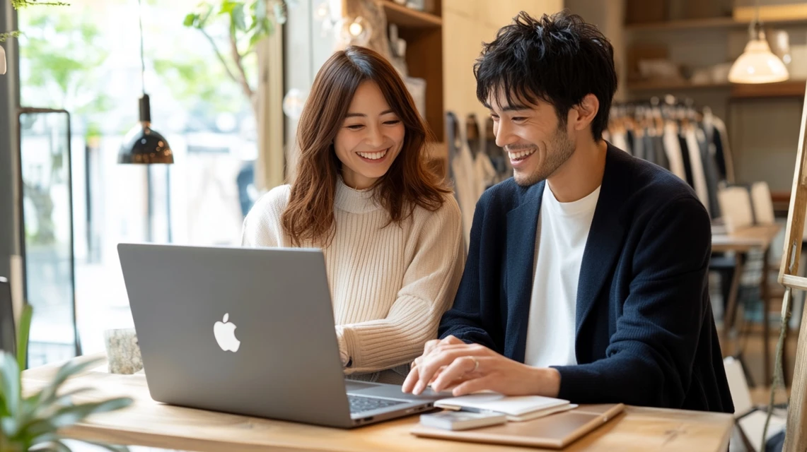 日本人カップルがノートパソコンで代わりの割引方法を探して楽しんでいるイメージ