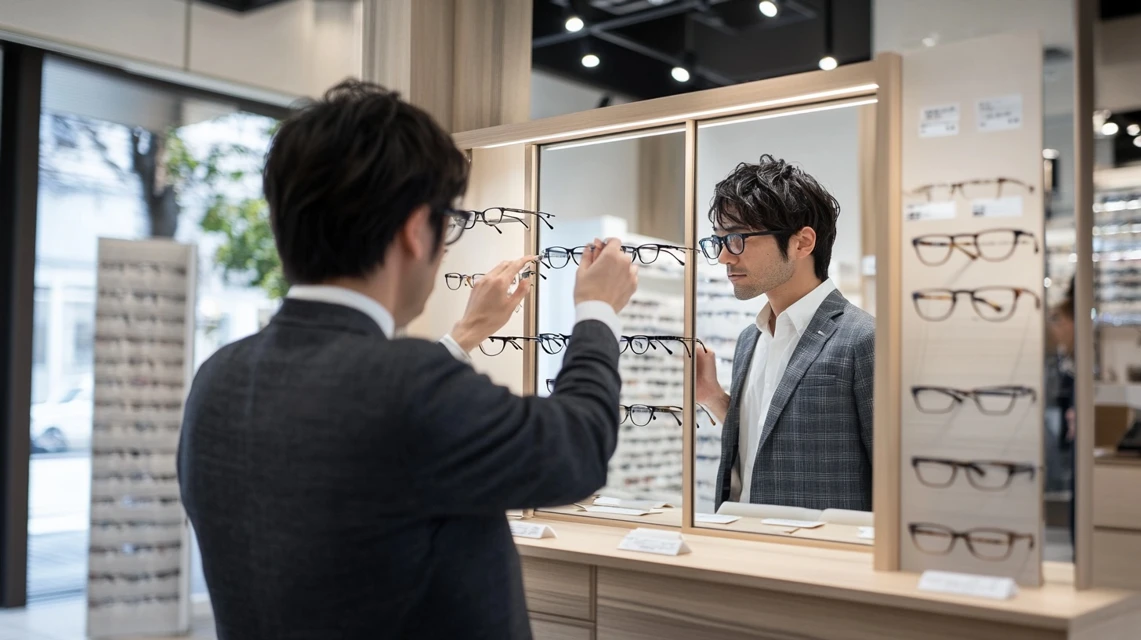 メガネを試着する日本人男性と接客する店員の様子