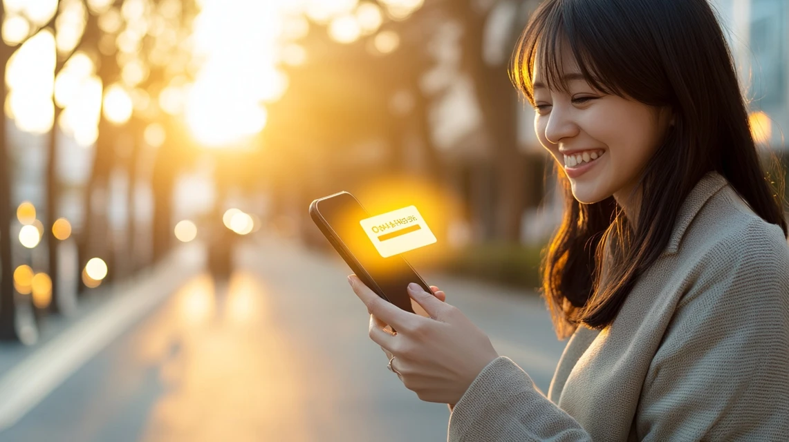 配布タイミングを見極めてラクマのクーポンを活用し、スマートフォン画面を嬉しそうに見る日本人