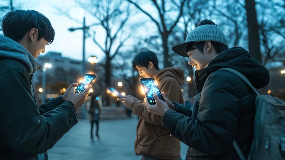 スマホを手に屋外でAR風の冒険を楽しむ日本人のグループ