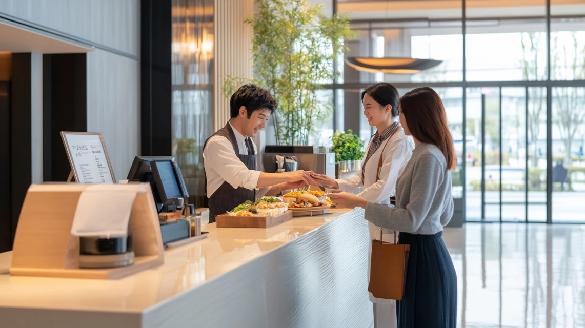 川根温泉ホテルのランチバイキングを予約してクーポンを利用する流れをイメージしたシーン。