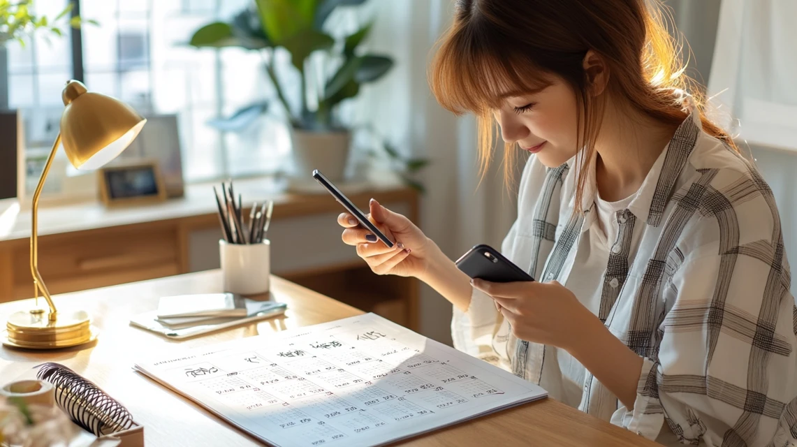 日本人女性がカレンダーを確認しながらスマートフォンを見ている様子