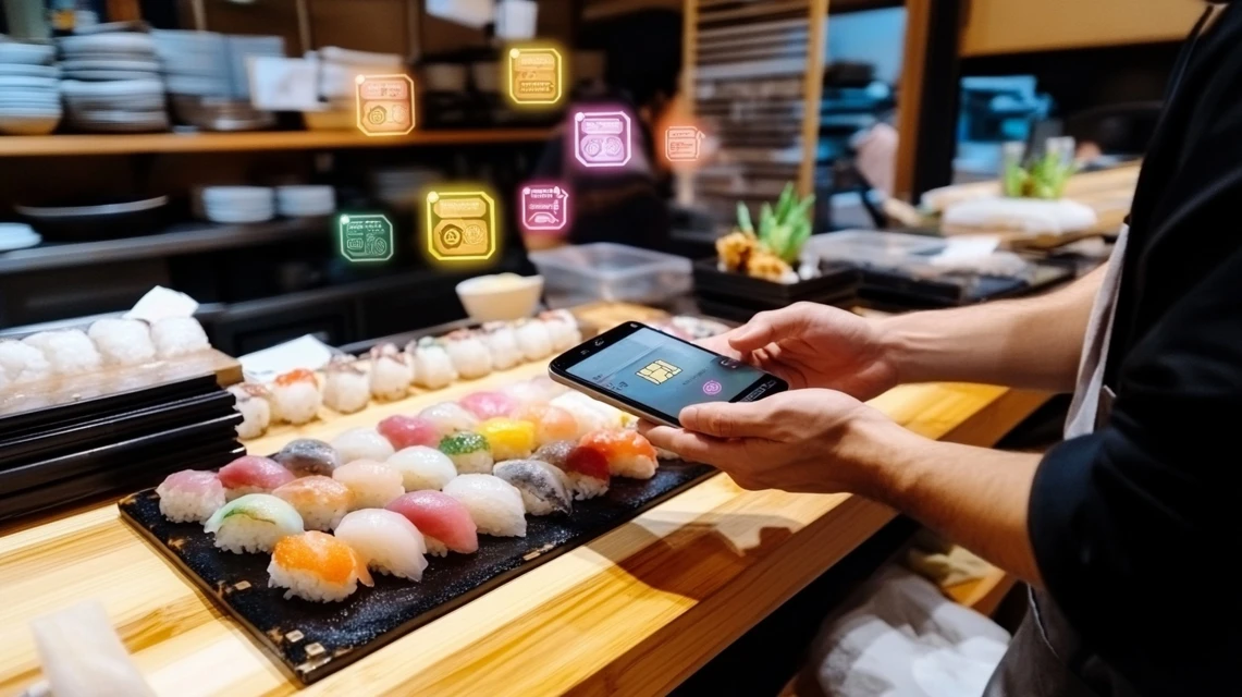 スマホ決済で楽天ポイント利用をする日本人男性の手元