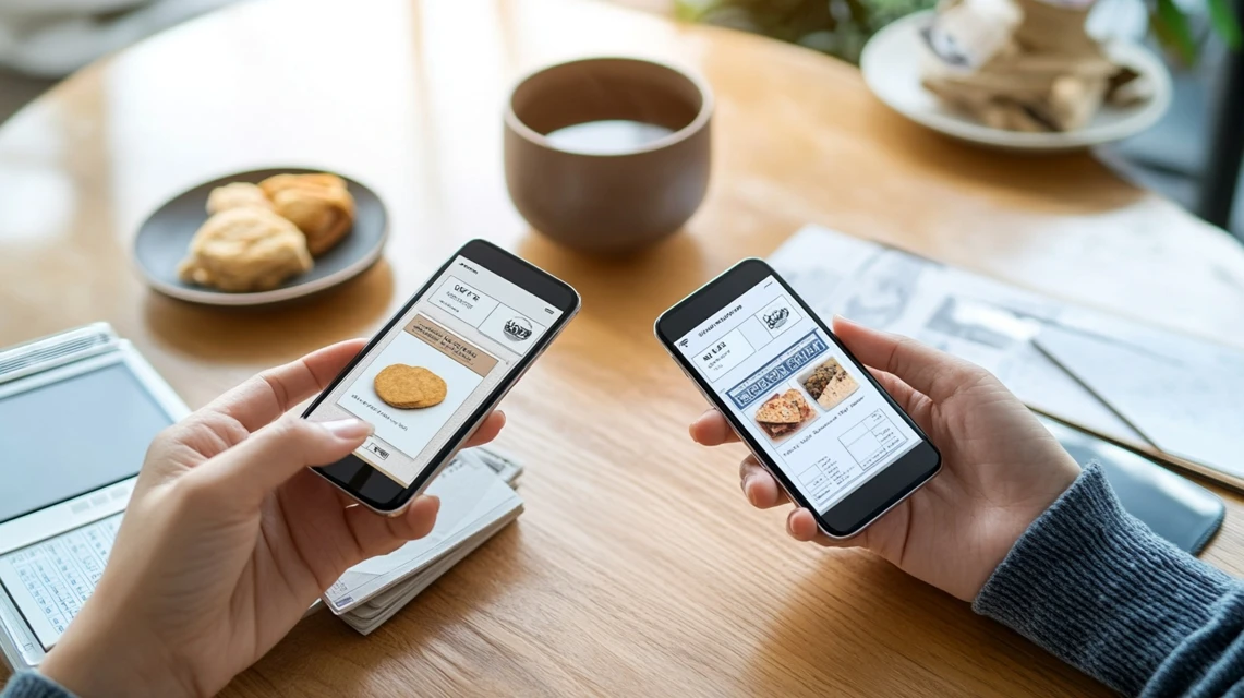 スマートフォンに表示された複数のクーポンを比較している日本人