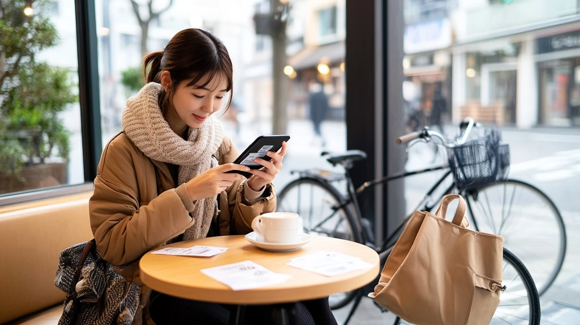カフェでスマホを見ながらハローサイクリングの初回クーポンコードや最新情報を調べる日本人