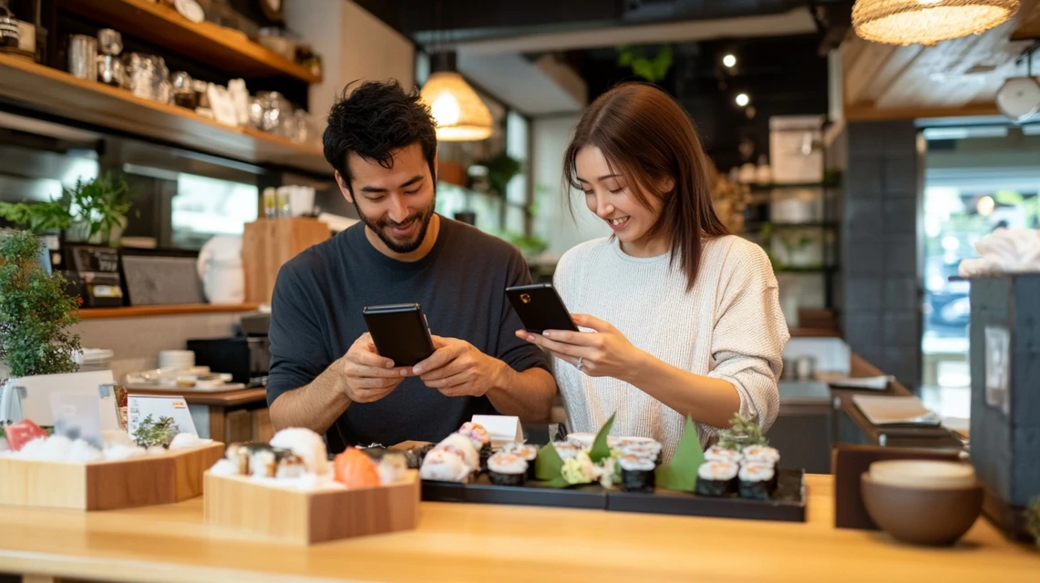 はま寿司の誕生日クーポンが届くタイミングをスマホで確認している日本人カップル
