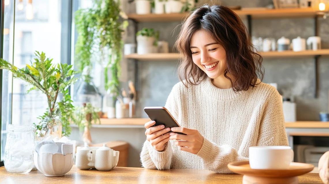 スマホでツーハッチの誕生日クーポンを確認している日本人女性