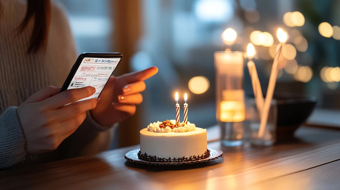 誕生日当日にZoffのクーポンを使えるか確認する日本人女性のイメージ