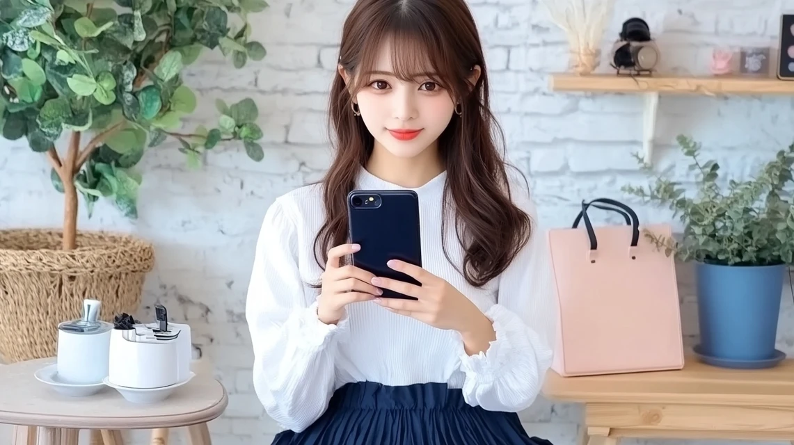 クーポンの条件や利用金額をスマホで確認する、日本人女性の落ち着いた表情と優雅な空間