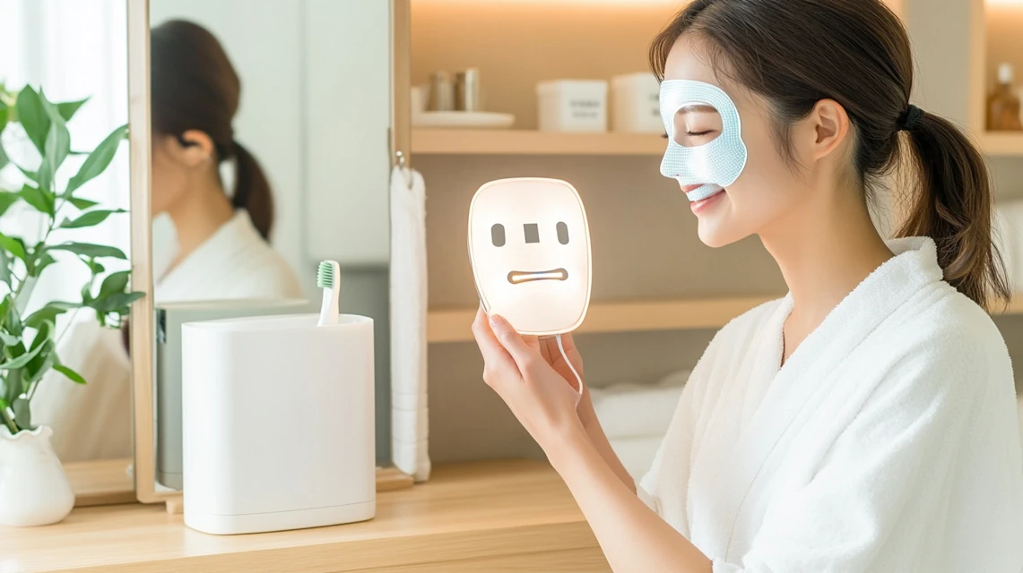 LEDマスクを持ちながら笑顔を見せる日本人女性。
