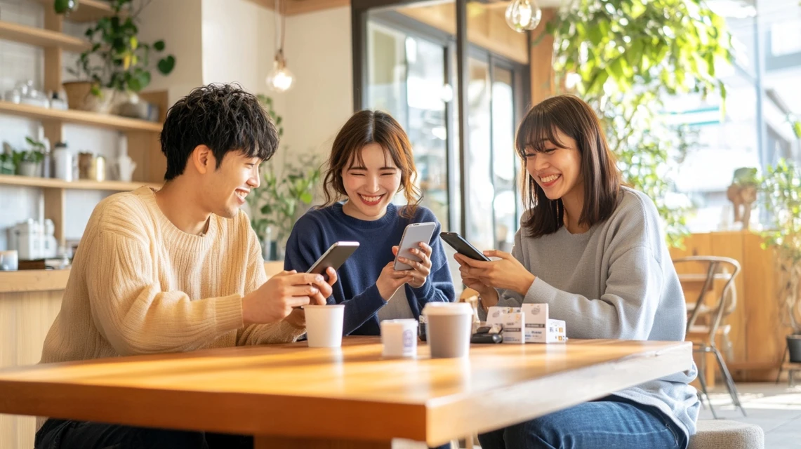 クーポン問題を解決し、スマートフォンを見ながら安心した表情を浮かべる日本人旅行者