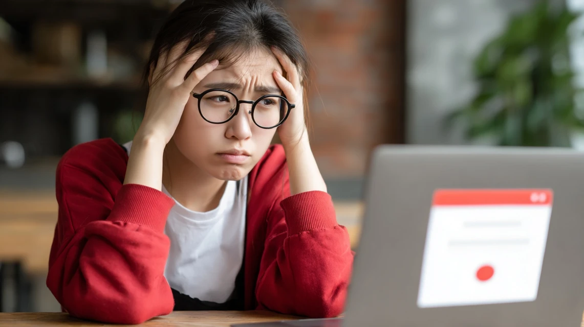 日本人学生がノートパソコンのエラー画面を見て困っている様子