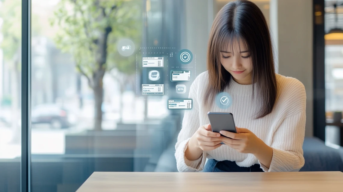 スマートフォンでクーポンを検索し、配信通知を設定する日本人女性