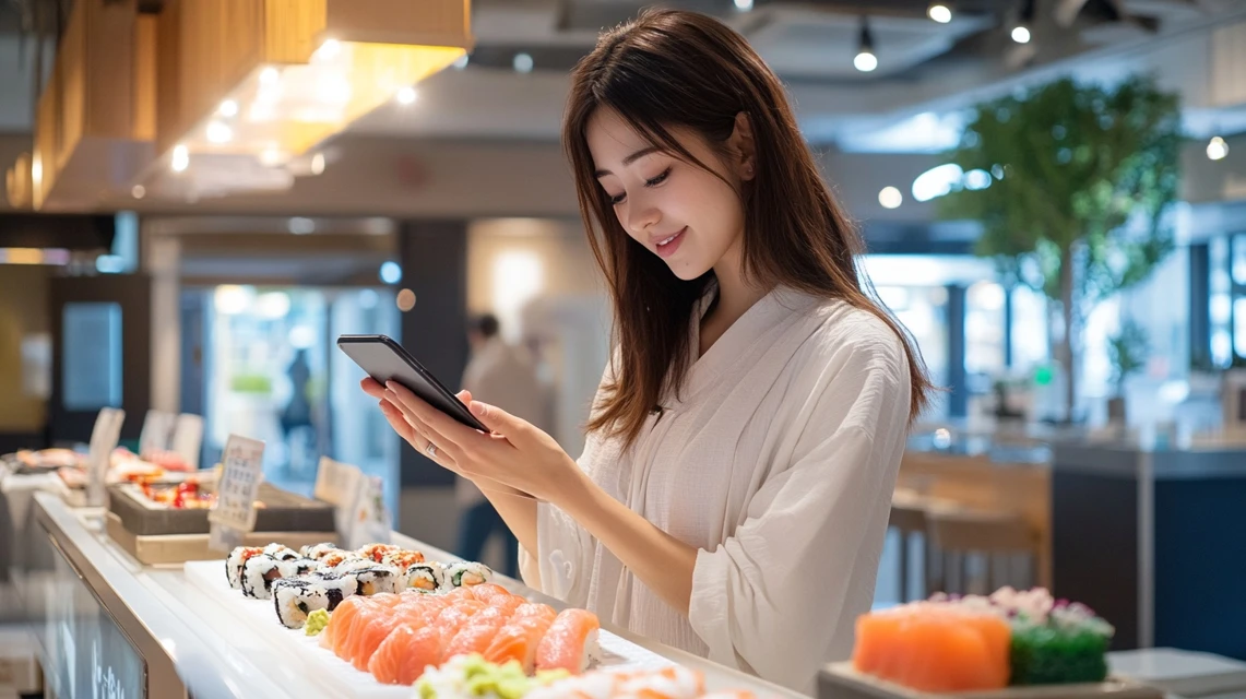 寿司カウンターでスマホ登録を行う日本人女性の様子
