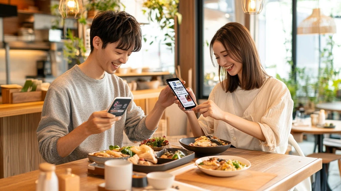 日本人カップルが食事を楽しみながらスマホでクーポンを確認している様子
