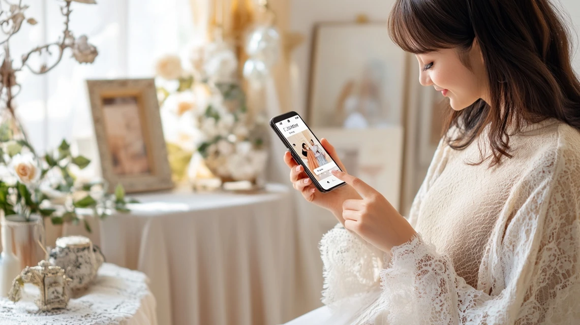 アクシーズファム風の世界観の中で、スマートフォンのアプリからクーポンを受け取る日本人女性