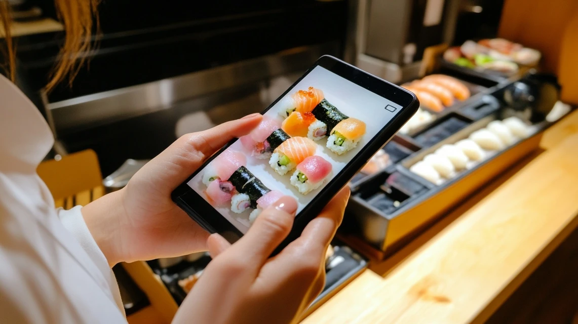 日本人女性がスマートフォンで魚べいのクーポンを探している様子のアップ