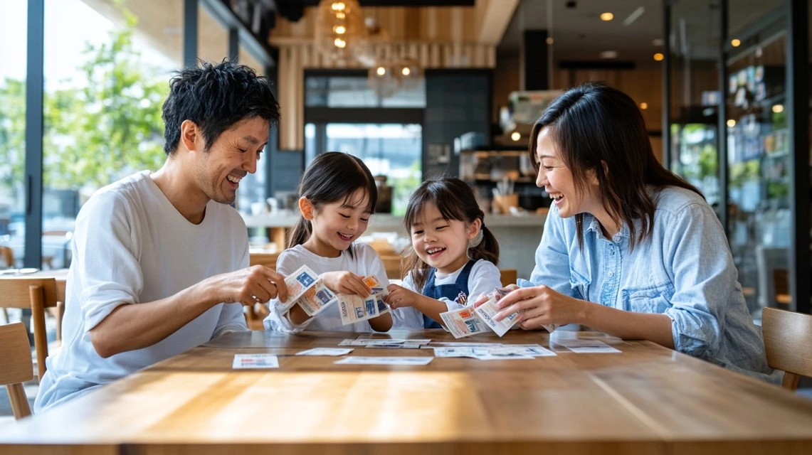クーポンを利用して外食する日本人家族のテーブル風景