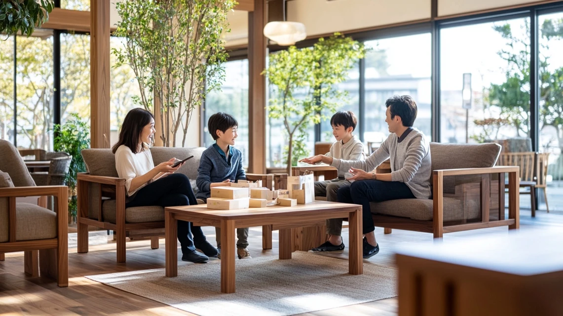 リビングで家族と一緒に家具購入の相談をしている日本人