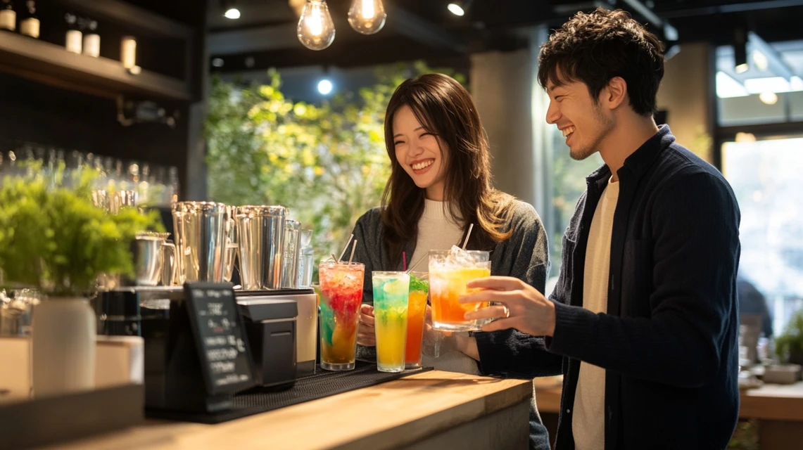 99円クーポンでドリンクバーをお得に楽しむ日本人カップルのイメージ