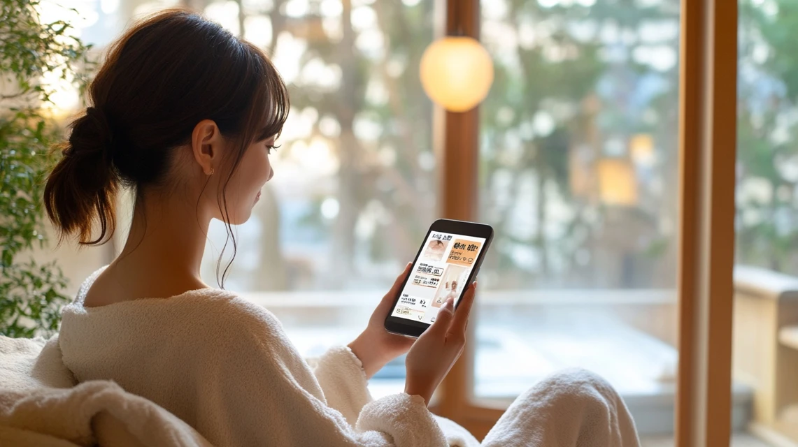 都市型の温泉施設と自然に囲まれた温泉を比較をスマホで見る女性イメージ